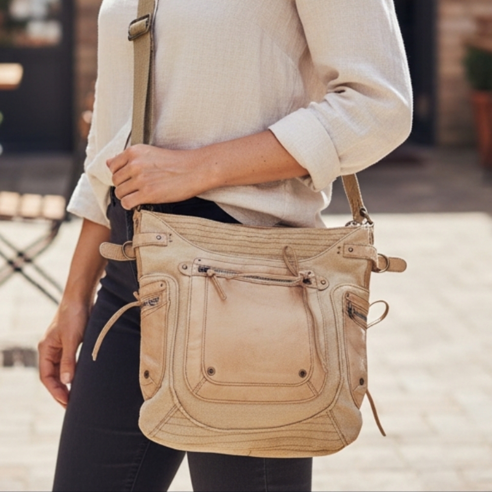 Fossil Vintaage Rare Beige Tan Crossbody Womens Bag Purse Canvas Leather.